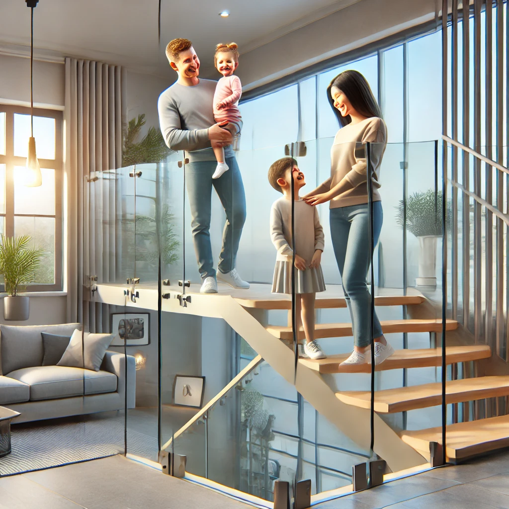 A modern home interior featuring a frameless glass balustrade along a staircase. A smiling family, including parents and two children, is interacting happily on and near the staircase. The image highlights the sleek, safe, and elegant design of the balustrade, creating a family-friendly and secure environment. The setting includes bright natural lighting, stylish decor, and a spacious living area, emphasizing both functionality and aesthetic appeal.